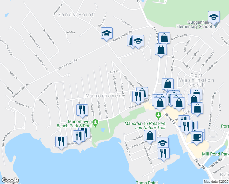 map of restaurants, bars, coffee shops, grocery stores, and more near 37 Edgewood Road in Port Washington