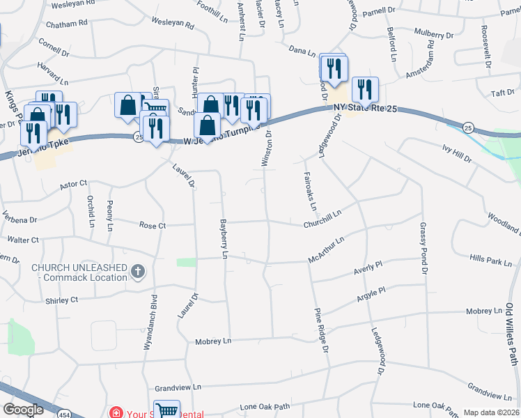 map of restaurants, bars, coffee shops, grocery stores, and more near 28 Winston Drive in Smithtown