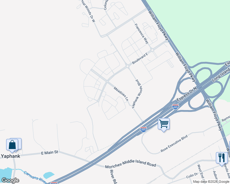 map of restaurants, bars, coffee shops, grocery stores, and more near 1 Meadows Lane in Yaphank