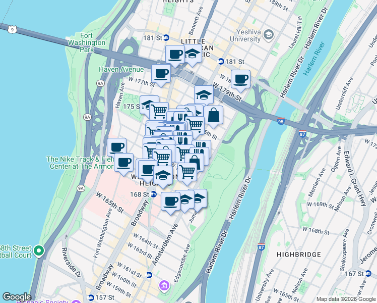 map of restaurants, bars, coffee shops, grocery stores, and more near 556 West 173rd Street in New York