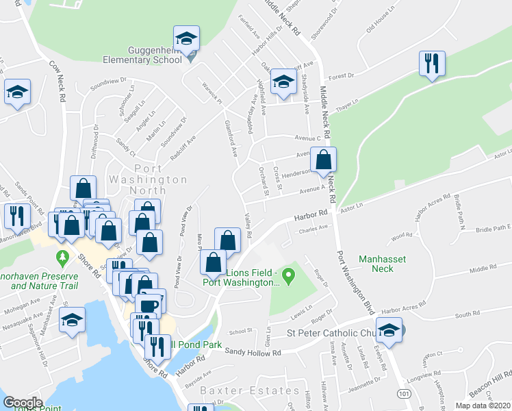 map of restaurants, bars, coffee shops, grocery stores, and more near 8 Avenue A in Port Washington