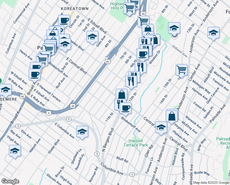 map of restaurants, bars, coffee shops, grocery stores, and more near 325 East Central Boulevard in Palisades Park