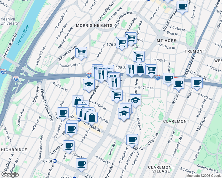 map of restaurants, bars, coffee shops, grocery stores, and more near Walton Ave & E Mt Eden Ave in Bronx