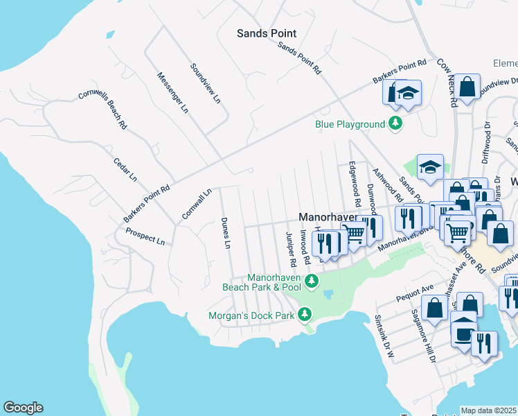 map of restaurants, bars, coffee shops, grocery stores, and more near 50 Linwood Road North in Port Washington