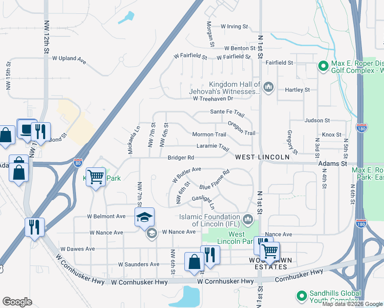 map of restaurants, bars, coffee shops, grocery stores, and more near 424 Bridger Road in Lincoln