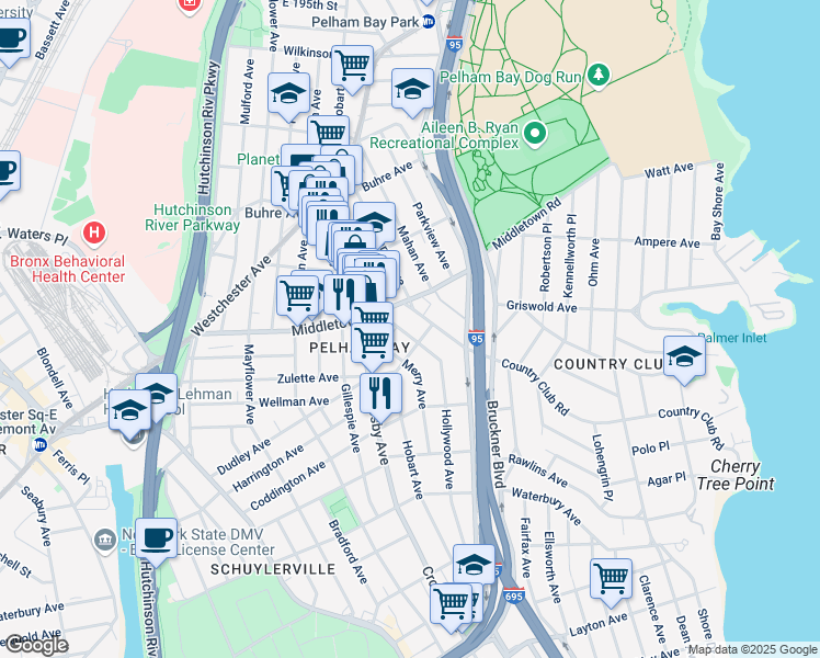 map of restaurants, bars, coffee shops, grocery stores, and more near 1562 Hollywood Avenue in Bronx