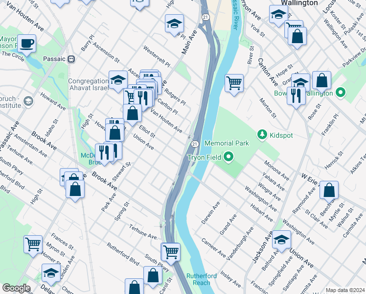 map of restaurants, bars, coffee shops, grocery stores, and more near 27 Palmer Street in Passaic