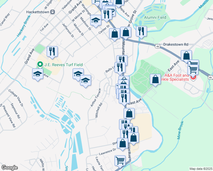 map of restaurants, bars, coffee shops, grocery stores, and more near 63 Mitchell Road in Hackettstown