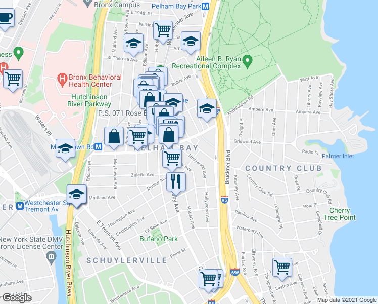 map of restaurants, bars, coffee shops, grocery stores, and more near 1562 Hollywood Avenue in The Bronx