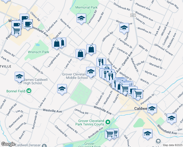 map of restaurants, bars, coffee shops, grocery stores, and more near 53 Academy Road in Caldwell