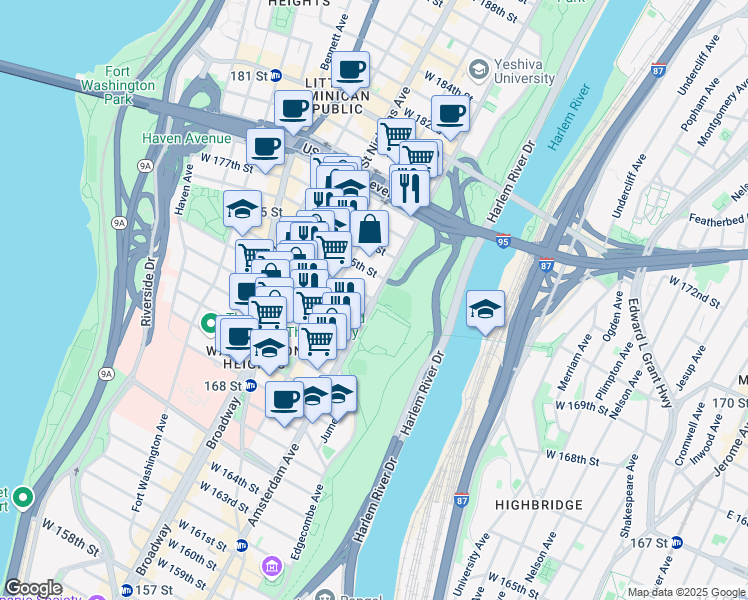 map of restaurants, bars, coffee shops, grocery stores, and more near Amsterdam Ave & W 174th St in New York