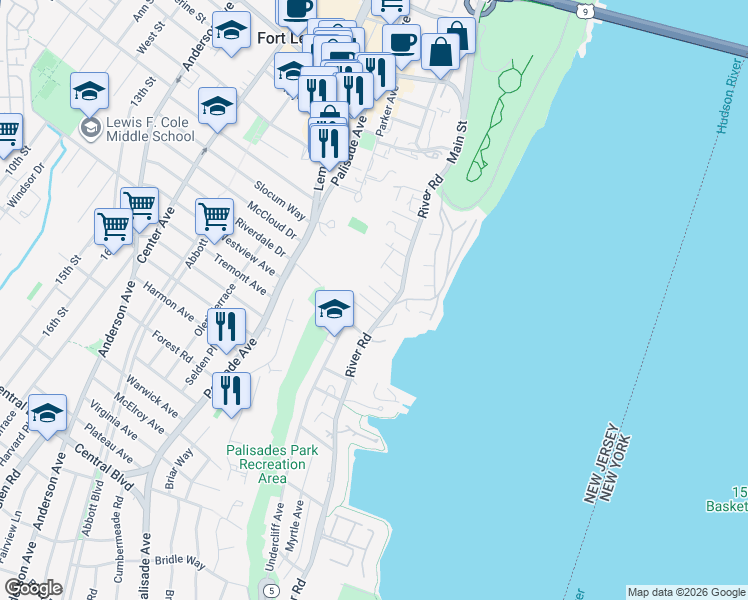 map of restaurants, bars, coffee shops, grocery stores, and more near 1444 River Road in Edgewater