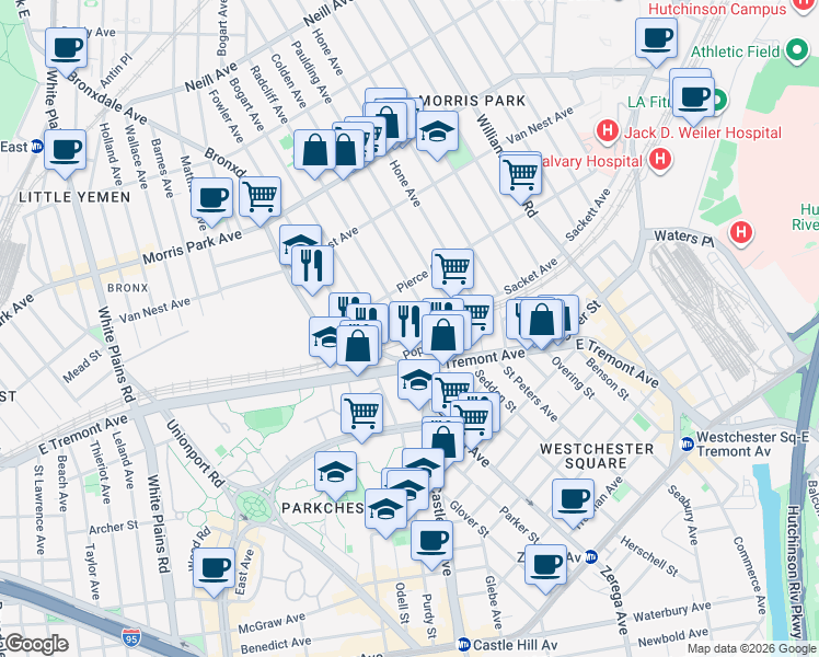 map of restaurants, bars, coffee shops, grocery stores, and more near 974 Sacket Avenue in Bronx