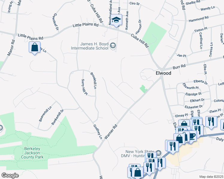 map of restaurants, bars, coffee shops, grocery stores, and more near 17 Warner Court in Huntington