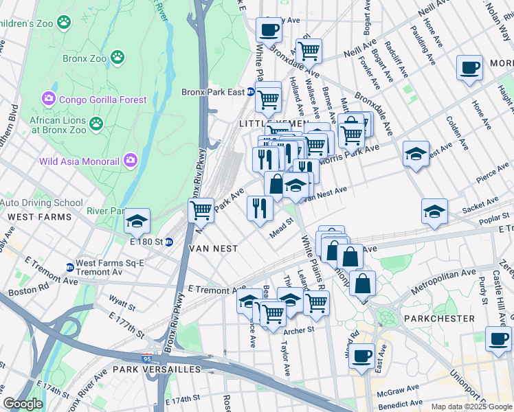 map of restaurants, bars, coffee shops, grocery stores, and more near 1714 Fillmore Street in The Bronx