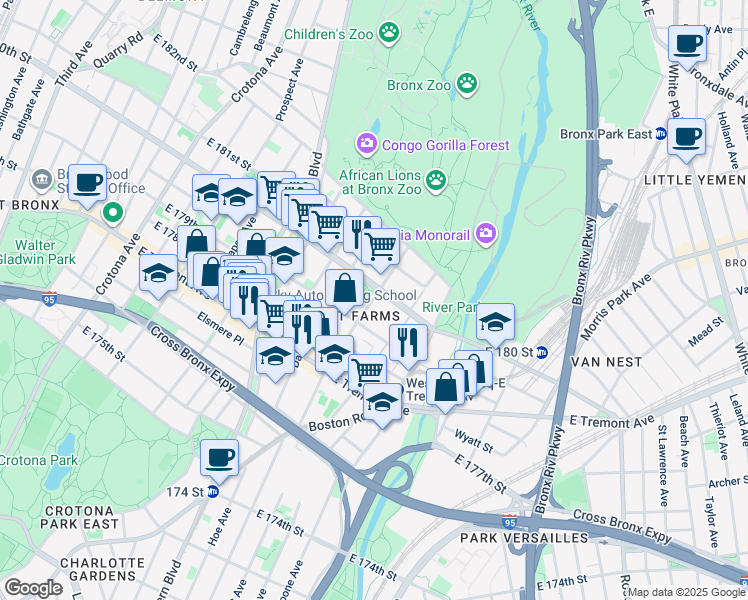 map of restaurants, bars, coffee shops, grocery stores, and more near in The Bronx