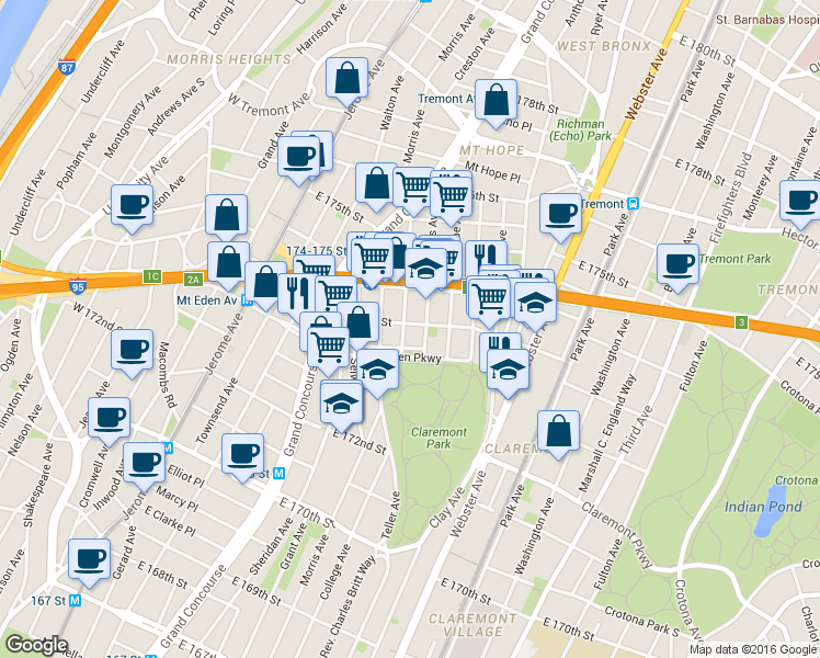 map of restaurants, bars, coffee shops, grocery stores, and more near 1665 Weeks Avenue in Bronx