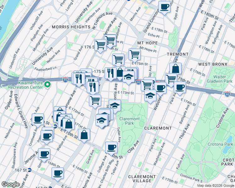 map of restaurants, bars, coffee shops, grocery stores, and more near 1658 Morris Avenue in Bronx