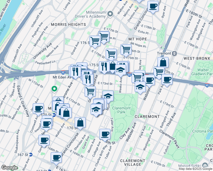 map of restaurants, bars, coffee shops, grocery stores, and more near 1658 Morris Avenue in Bronx