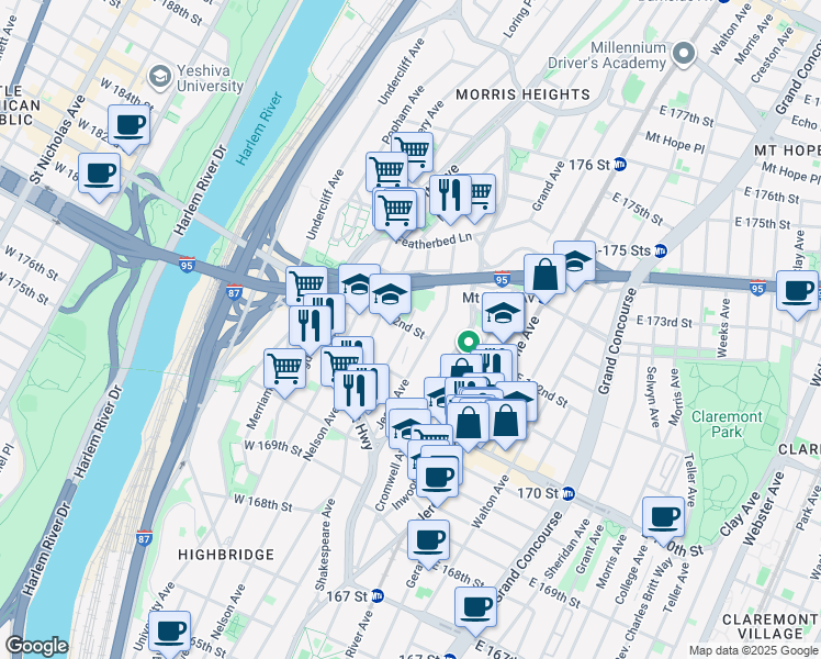 map of restaurants, bars, coffee shops, grocery stores, and more near 1460 Shakespeare Avenue in Bronx