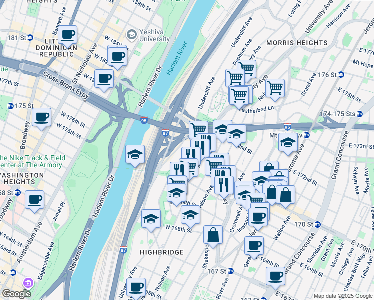 map of restaurants, bars, coffee shops, grocery stores, and more near 1430 Merriam Avenue in Bronx