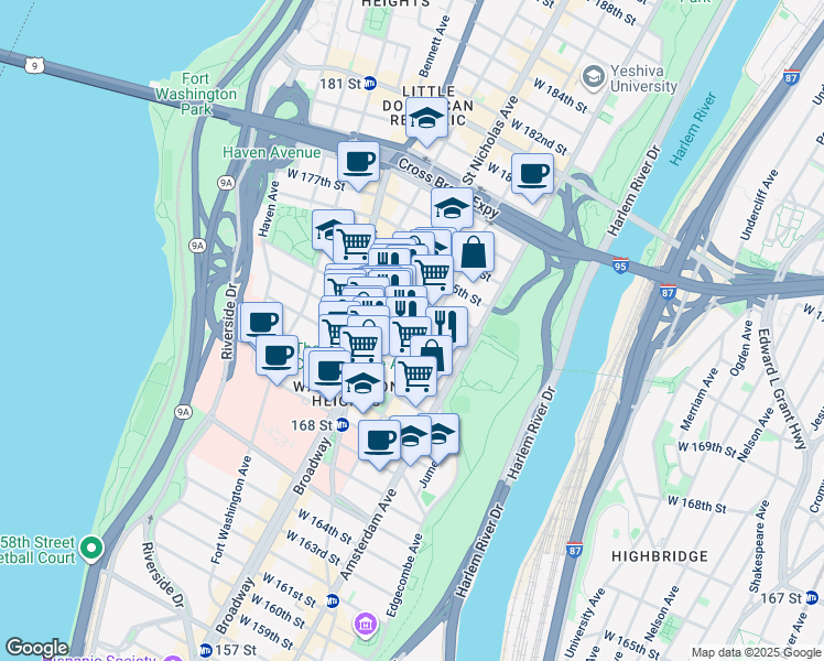 map of restaurants, bars, coffee shops, grocery stores, and more near 559 West 172nd Street in New York