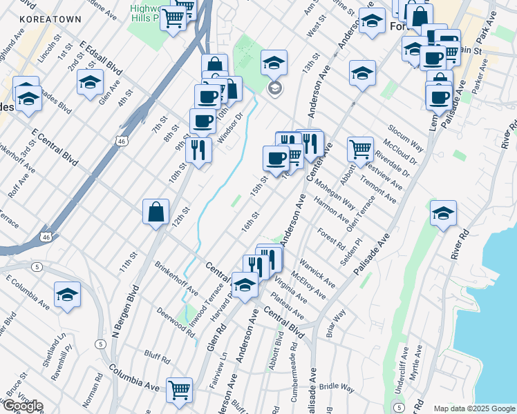 map of restaurants, bars, coffee shops, grocery stores, and more near 1307 Inwood Terrace in Fort Lee