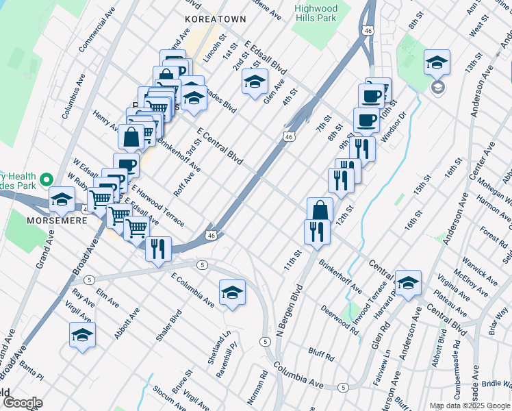 map of restaurants, bars, coffee shops, grocery stores, and more near 247 7th Street in Palisades Park