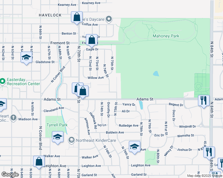 map of restaurants, bars, coffee shops, grocery stores, and more near 3015 North 75th Street Court in Lincoln