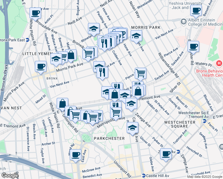 map of restaurants, bars, coffee shops, grocery stores, and more near 1601 Bronxdale Avenue in The Bronx