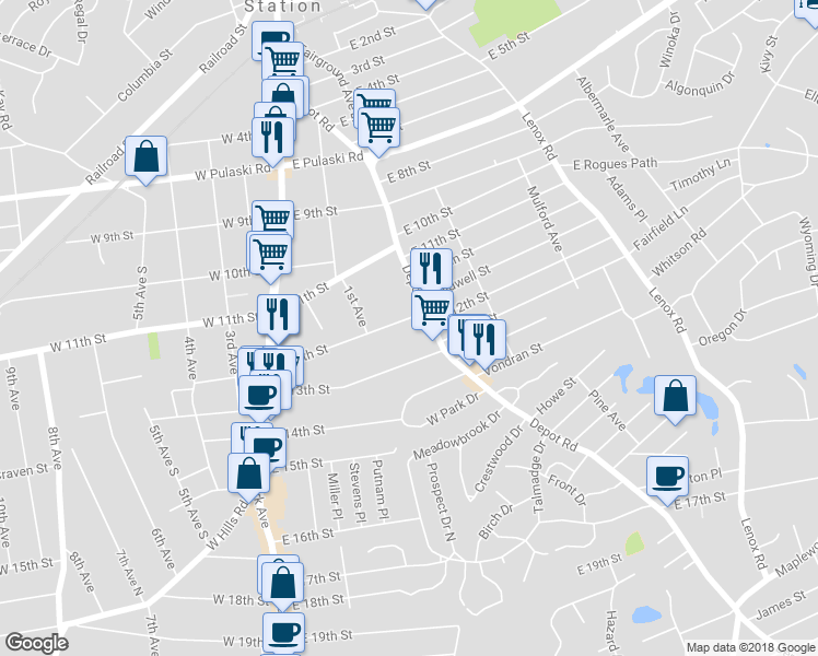 map of restaurants, bars, coffee shops, grocery stores, and more near 55 East 12th Street in Huntington Station