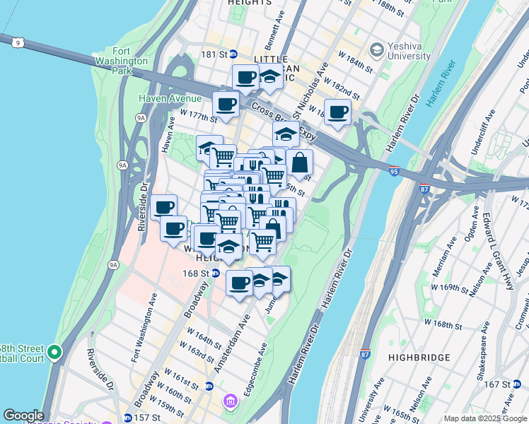map of restaurants, bars, coffee shops, grocery stores, and more near 559 West 172nd Street in New York