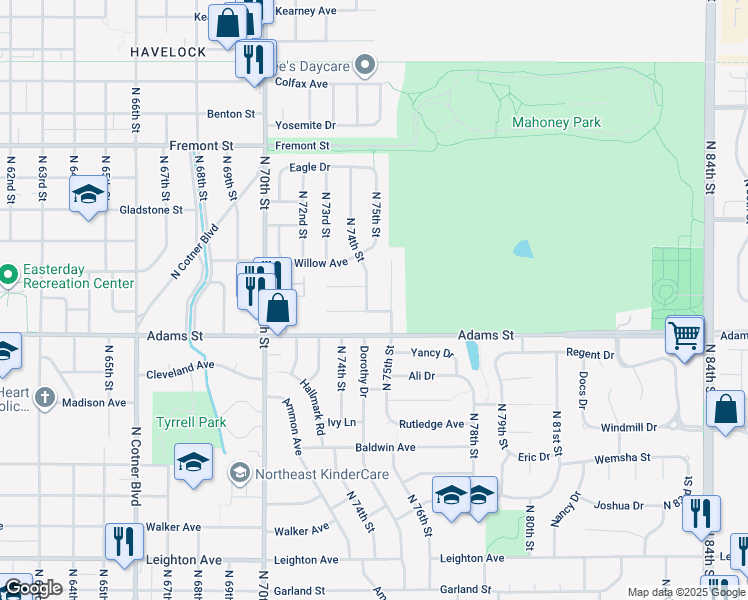 map of restaurants, bars, coffee shops, grocery stores, and more near 3015 North 75th Street Court in Lincoln
