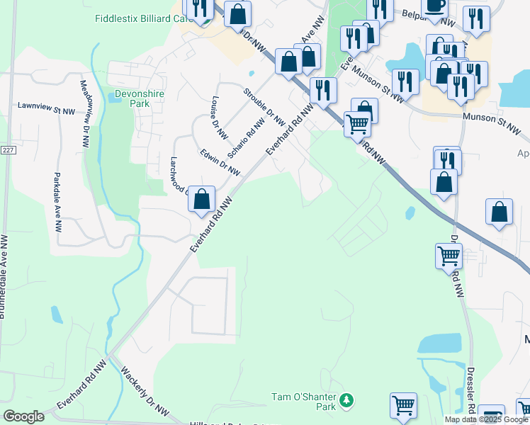 map of restaurants, bars, coffee shops, grocery stores, and more near 5230 Everhard Road Northwest in Canton