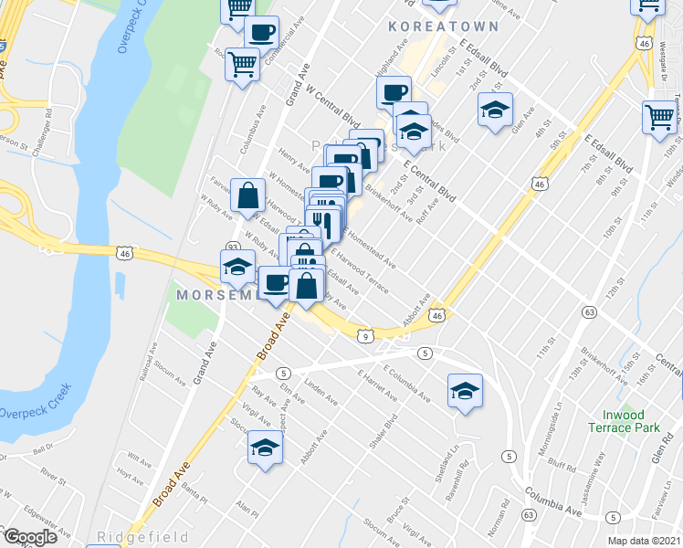 map of restaurants, bars, coffee shops, grocery stores, and more near 27B East Edsall Avenue in Palisades Park