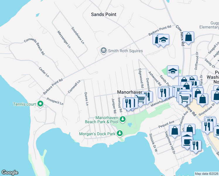 map of restaurants, bars, coffee shops, grocery stores, and more near in Manorhaven
