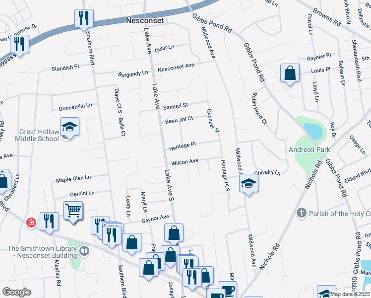 map of restaurants, bars, coffee shops, grocery stores, and more near 8 Heritage Place in Nesconset