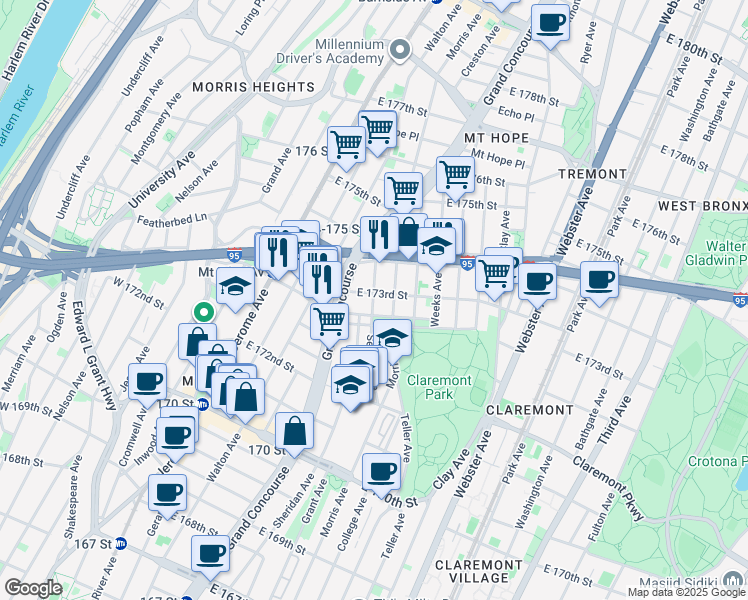 map of restaurants, bars, coffee shops, grocery stores, and more near 1650 Selwyn Avenue in The Bronx
