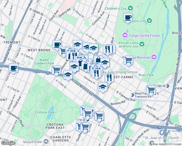 map of restaurants, bars, coffee shops, grocery stores, and more near in The Bronx