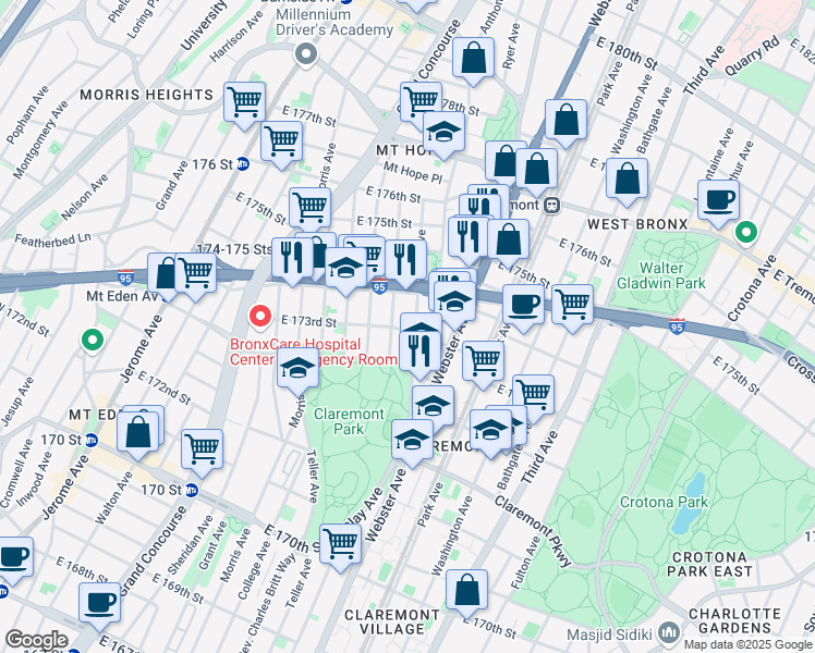 map of restaurants, bars, coffee shops, grocery stores, and more near 347 East 173rd Street in Bronx
