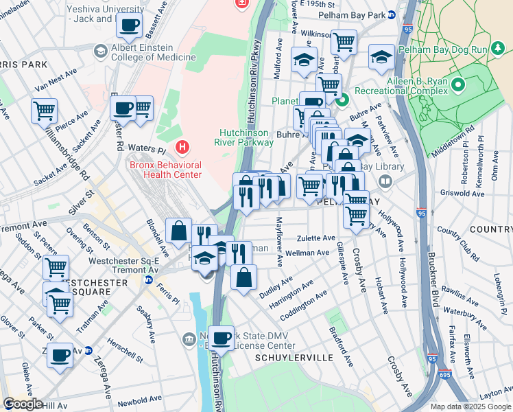 map of restaurants, bars, coffee shops, grocery stores, and more near 2815 Middletown Road in Bronx
