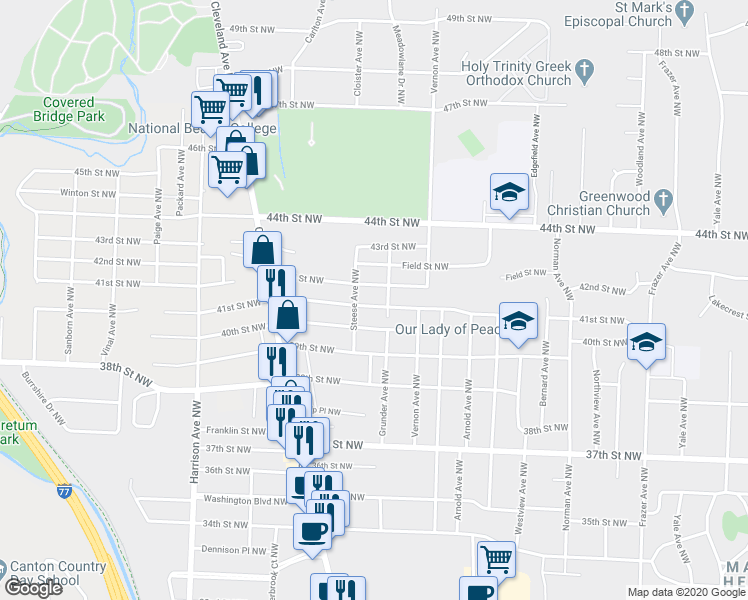 map of restaurants, bars, coffee shops, grocery stores, and more near 1515 41st St NW in Canton