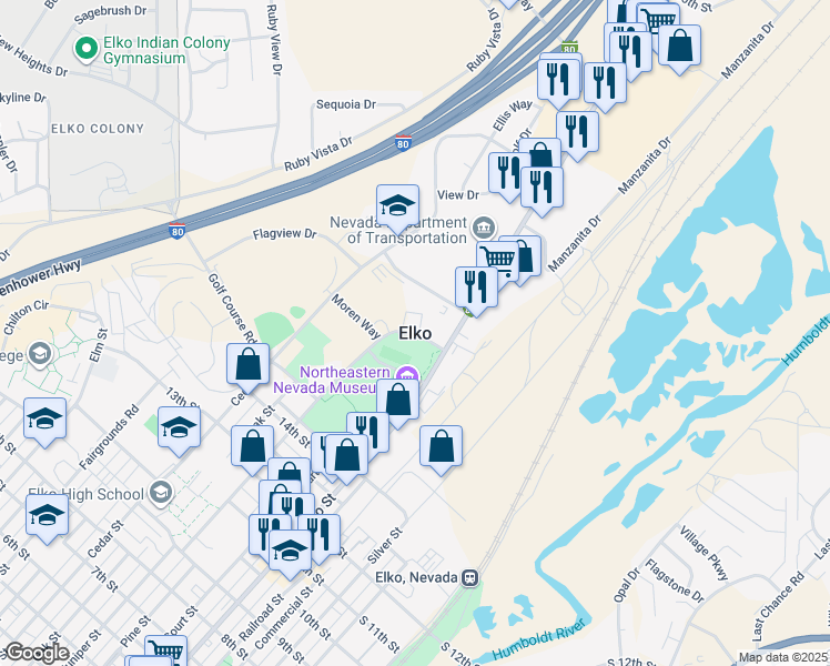 map of restaurants, bars, coffee shops, grocery stores, and more near in Elko
