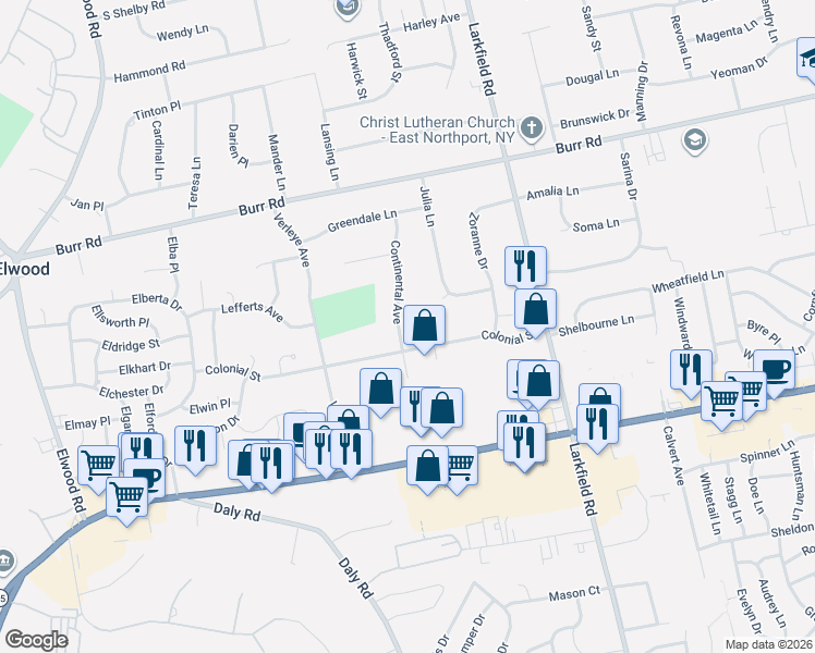 map of restaurants, bars, coffee shops, grocery stores, and more near 162 Continental Avenue in East Northport