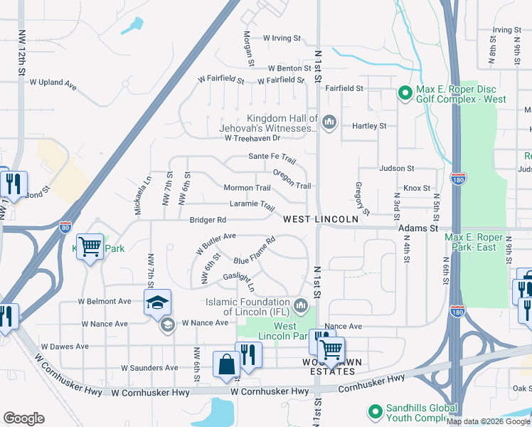 map of restaurants, bars, coffee shops, grocery stores, and more near 201 Bridger Road in Lincoln