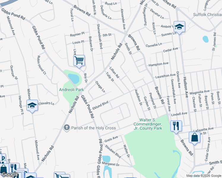 map of restaurants, bars, coffee shops, grocery stores, and more near 23 Tall Pines Lane in Nesconset