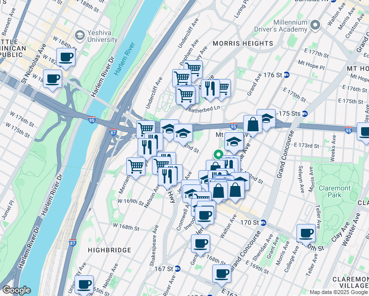 map of restaurants, bars, coffee shops, grocery stores, and more near 1449 Shakespeare Avenue in Bronx