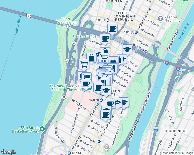 map of restaurants, bars, coffee shops, grocery stores, and more near 648 West 171st Street in New York