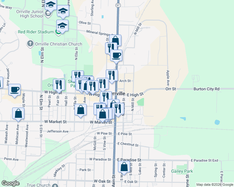 map of restaurants, bars, coffee shops, grocery stores, and more near in Orrville