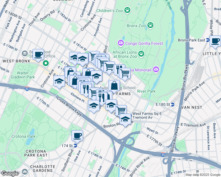 map of restaurants, bars, coffee shops, grocery stores, and more near 2061 Daly Avenue in Bronx